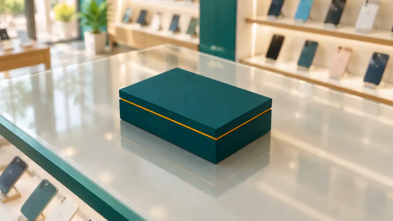 A teal box on a mobile shop counter opens, and a phone rises out of it showing a marigold tick