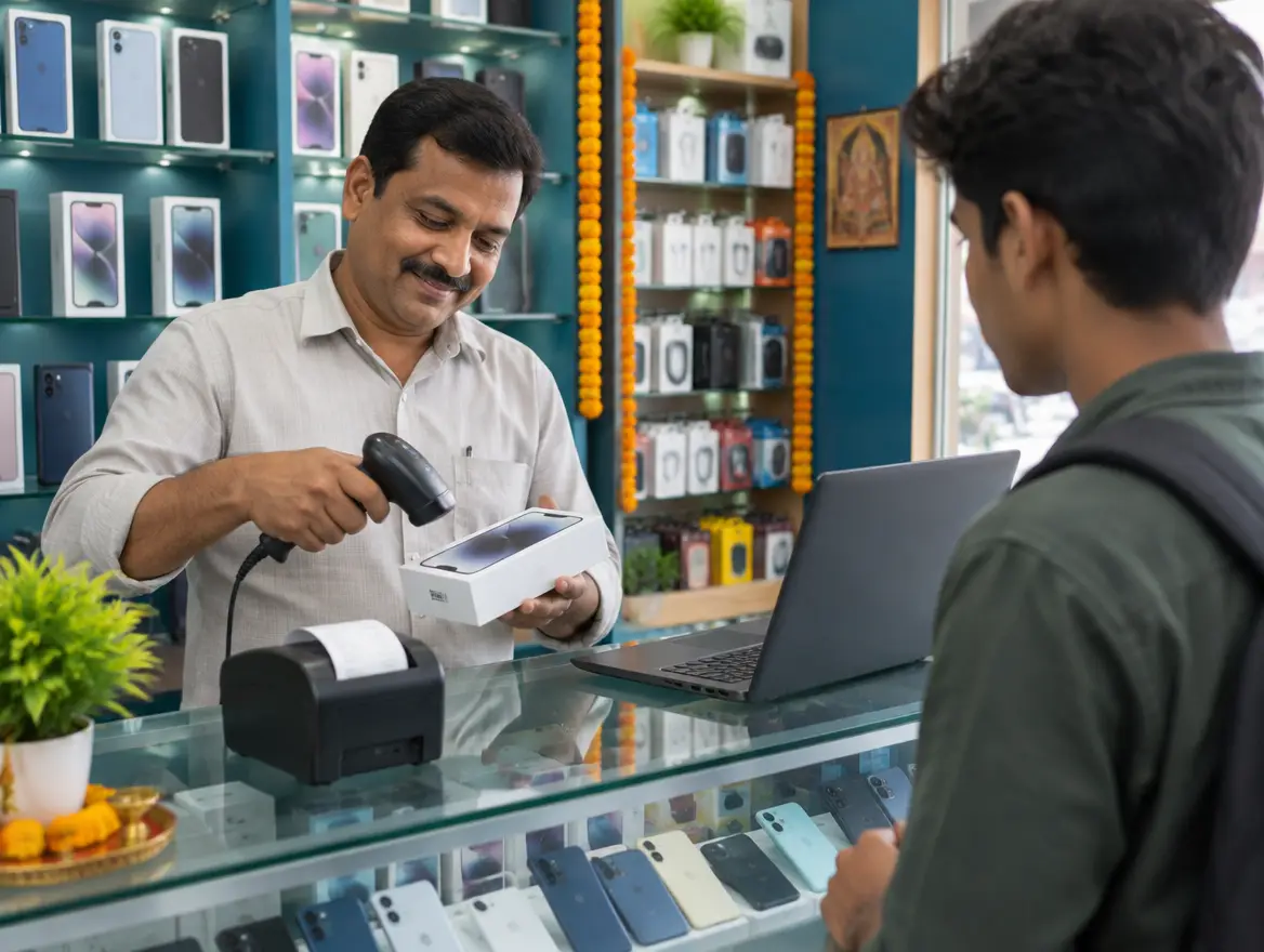 Illustration: a shopkeeper scans a boxed phone at a mobile shop counter while a receipt prints